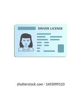 Driver's license, id card, plastic document with female avatar. Vector template