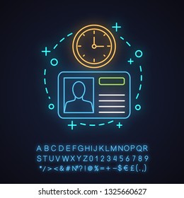 Driver's license neon light concept icon. ID card idea. Personal document. Glowing sign with alphabet, numbers and symbols. Vector isolated illustration