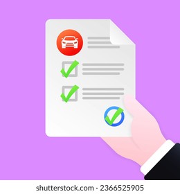 Driver's license test. Flat, color, document in hand, test with check marks, car icon. Vector illustration