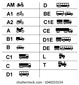 Driver's licenses symbols subdivided into different categories.