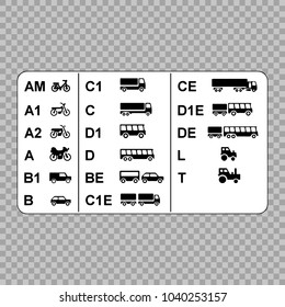 Driver's licenses symbols subdivided into different categories.