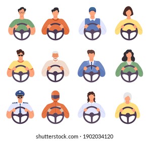 Drivers. Man and woman driving car icons. Taxi cab driver and passenger, courier, police and elderly person with wheel. Chauffeur vector set, driver people character on road illustration