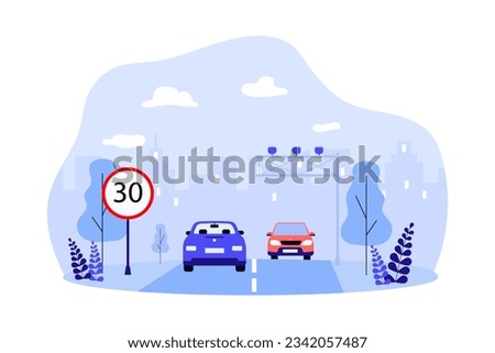 Drivers obeying speed level in city vector illustration. Road sign warning cars to move slowly to reduce level of accidents and air pollution. Transportation, safety, ecology concept