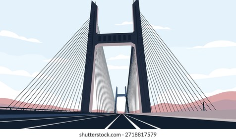 Vista en perspectiva del conductor de un moderno puente atirantado, que se extiende a lo lejos sobre el agua con colinas en el horizonte.