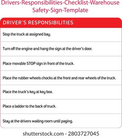 Driver's Responsibilities Checklist Sign – Truck Loading Bay Safety Procedure Notice Board Template