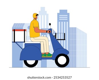 Drivers ride modified motorbikes for professional needs, delivering orders to consumers, vector illustration of modern urban life.