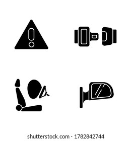 Drivers safety precautions black glyph icons set on white space. Security measures, safe driving silhouette symbols. Warning sign, seatbelt, airbag and rear view mirror. Vector isolated illustration