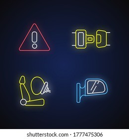 Drivers safety precautions neon light icons set. Safe driving signs with outer glowing effect. Warning sign, seatbelt, airbag and rear view mirror. Vector isolated RGB color illustrations