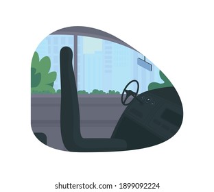 Drivers seat 2D vector web banner, poster. Sitting place at steering wheel. Inside automobile flat scene on cartoon background. Driving public transport printable patch, colorful web element