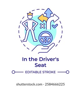 In the drivers seat multi color concept icon. Path choosing, leadership. Responsibility, control. Round shape line illustration. Abstract idea. Graphic design. Easy to use in infographic