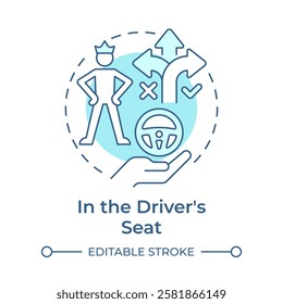 In the drivers seat soft blue concept icon. Path choosing, leadership. Responsibility, control. Round shape line illustration. Abstract idea. Graphic design. Easy to use in infographic