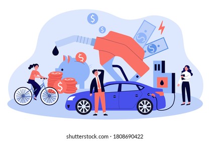 Drivers spending too much money for gasoline. Price of car fuel going up, people riding bike. Vector illustration for economy, finance, budget, car driving concept