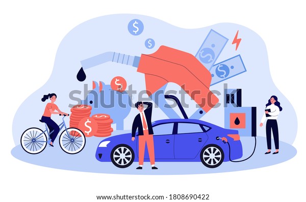 Drivers spending too much
money for gasoline. Price of car fuel going up, people riding bike.
Vector illustration for economy, finance, budget, car driving
concept