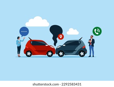 Drivers standing near Damaged Vehicles and Calling to Auto Insurance Companies. Car Crash Accident on the Road. Modern vector illustration in flat style