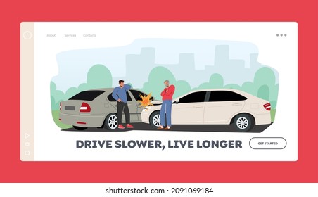 Drivers Suffered in Traffic Jam. Landing Page Template. Car Accident on Road, Couple of Male Character Stand on Roadside at Crashed Automobiles. Insurance Situation. Cartoon People Vector Illustration