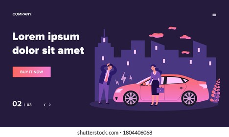 Los conductores están molestos por la avería de los autos. Tráfico de la ciudad, fallo del motor, daños en la ilustración plana del vector. Automóvil, transporte, concepto de problema de vehículos para banner, diseño de sitios web o página web de aterrizaje