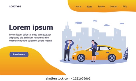 Drivers upset about car breakdown. City traffic, engine failure, damage flat vector illustration. Automobile, transportation, vehicle problem concept for banner, website design or landing web page