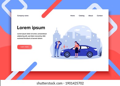Drivers upset about car breakdown. City traffic, engine failure, damage flat vector illustration. Automobile, transportation, vehicle problem concept for banner, website design or landing web page