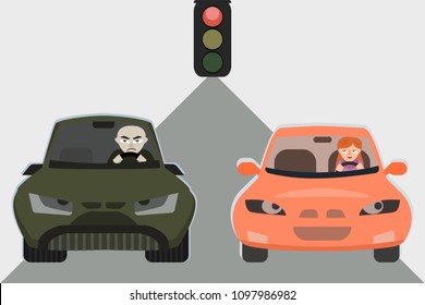 drivers waiting at traffic light, funny vector cartoon illustration