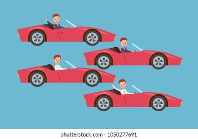 drives the car at the wheel. waving his hand in a suit and shirt. businessman. cartoon character set