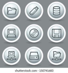 Drives and storage web icons, circle grey matte buttons