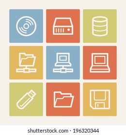 Drives and storage web icons, color square buttons