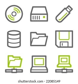 Drives and storage web icons, green and gray contour series