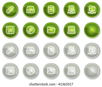 Drives and storage web icons, green and grey circle buttons series
