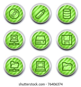 Drives and storage web icons, green glossy circle buttons