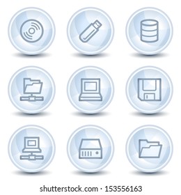 Drives and storage web icons, light blue glossy circle buttons