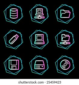 Drives and storage web icons, neon contour series