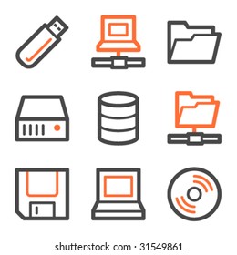 Drives und Storage-Web-Symbole, orange- und graue Konturen