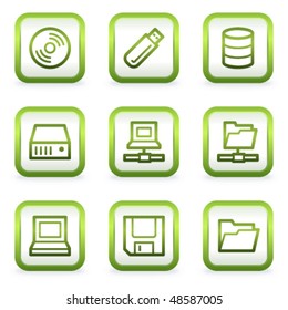 Drives and storage web icons, square buttons, green contour