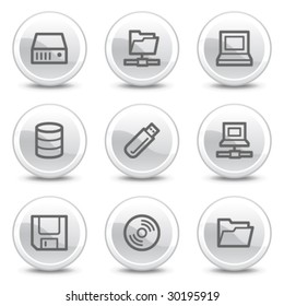 Drives and storage web icons, white glossy circle buttons series
