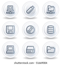 Drives and storage web icons, white glossy circle buttons