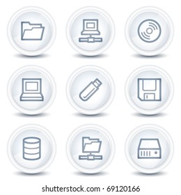 Drives and storage web icons, white glossy circle buttons