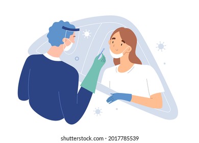 Drive-thru covid-19 check, woman sitting in her car getting PCR test for coronavirus, medical worker collecting covid specimen with nasal swab through vehicle window, vector cartoon illustration