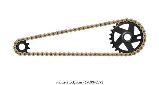 Drivetrain bicycle BMX. Black sprocket, cogwheel and brown chain. Vector illustration of bike parts