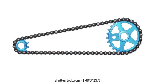 Drivetrain bicycle BMX. Blue sprocket with anodized metal effect, cogwheel and black chain. Vector illustration of bike parts