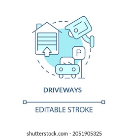 Driveways blue concept icon. Security alarm system abstract idea thin line illustration. Place camera above garage door. Parking surveillance. Vector isolated outline color drawing. Editable stroke