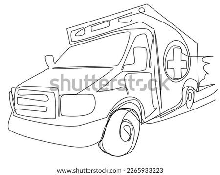 Driving ambulance in one line on a white background. The concept of calling doctors and hospitalizing a patient. Stock vector illustration with editable stroke.