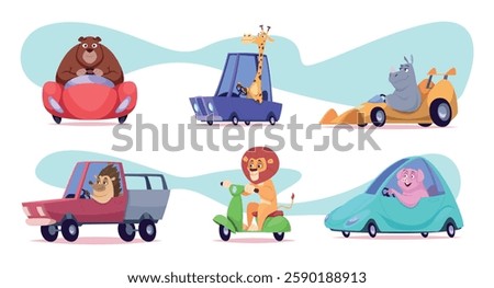 Driving animals. Urban transport with different cute animals drivers exact vector illustrations templates