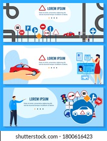 Driving Auto School Education Vector Illustrations. Cartoon Flat Teacher Instructor Character Teaching Rules Of Driving Car Automobile And Traffic Signs, Driver License Exam, Educational Banner Set