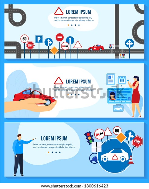 Driving auto school education vector illustrations.\
Cartoon flat teacher instructor character teaching rules of driving\
car automobile and traffic signs, driver license exam, educational\
banner set