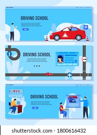 Driving auto school vector illustrations. Cartoon flat student man woman character studying and schooling, learning rules to drive car vehicle, training to get driver automobile license banner set