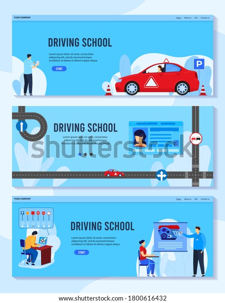 Driving auto school vector illustrations. Cartoon\
flat student man woman character studying and schooling, learning\
rules to drive car vehicle, training to get driver automobile\
license banner set