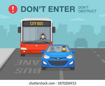 Driving In A Bus Lane. Traffic Or Road Rule. Front View Of Blue Sedan Car And Bus On A Bus Lane. Do Not Enter The Bus Lane And Do Not Obstruct. Flat Vector Illustration Template.