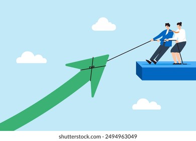 Driving business growth, increasing sales performance, collaborative effort in strategic planning, positive market trend concept vector illustration. Team pulling giant arrow upwards