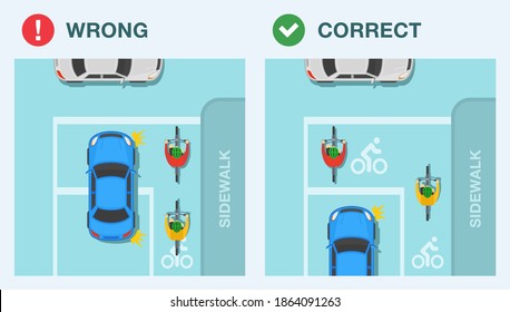 Driving A Car. Advanced Stop Lines Rule. Do Not Encroach On The Cyclists Waiting Area. Top View Of A Sedan Car And Cyclists On A Bicycle. Flat Vector Illustration Template.