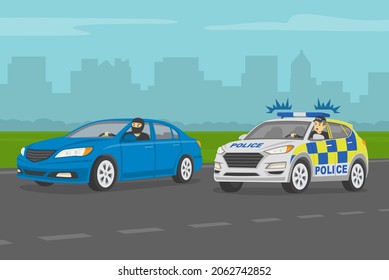 Driving a car. Angry european traffic police officer chasing criminal in a car on the highway. Traffic speed control. Flat vector illustration template.